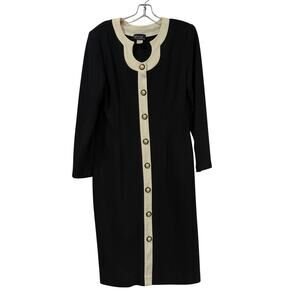 Vintage Mod Colorblock Midi Dress Keyhole Neck Contrast Trim Pearl Btns USA Sz14